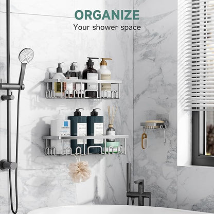 Veken Shower Caddy 3-Pack, Advanced Rustproof Design, No Drilling Adhesive Shelves, Rack with Soap Holder, Large Capacity Bathroom Organizers and Storage, Wall-Mounted Kitchen & Home Decor