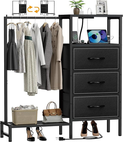 Dresser for Bedroom with Hanging Rack, 3 Drawers Closet with Charging Station, Faric Chest of Drawers with Clothes Rack, Storage Organzier for Hallway Entryway, Black