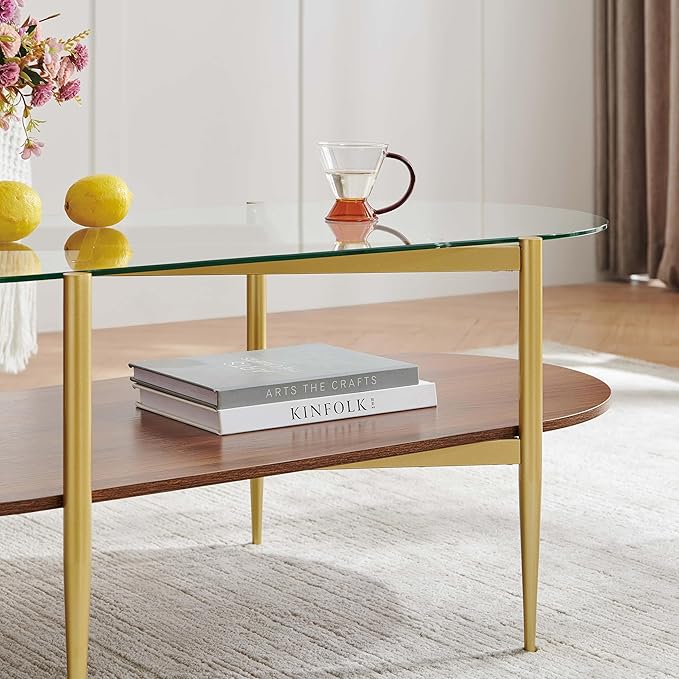 Oval Glass Coffee Table, Mid-Century Modern Design, L42*W22*H17 inch, for Living Room, Clear Glass Top and Walnut Finish Wood Shelf, Conical Metal Legs with Gold Finish