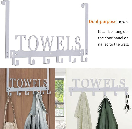 Over The Door Hooks, Towel Rack for Bathroom, Door Mount Towel Hooks Bath Towel Hanger for Bedroom Kitchen Pool Beach Towels Bathrobe Wall Mount Towel Holder for Bathrooms (6 Hooks, Silver Grey)