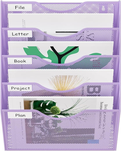 EasyPAG Wall File Organizer 5 Tier Hanging Paper Folder Holder, Zero Assembly Metal Mesh Wall Mounted Mail Organizer for Office Home Classroom Narrow Spaces, Puple