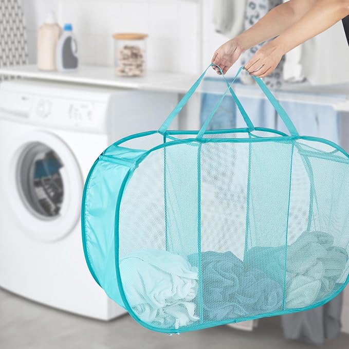 Seiritex Mesh Popup Laundry Hamper 3 Compartment Sortable Horizontal Collapsible Laundry Basket for Clothes Laundry Room Bedroom Toys Travel (Turquoise Blue)