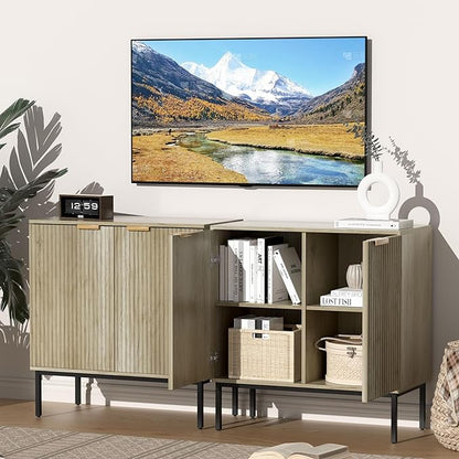 Fluted Sideboard, Buffet Cabinet with Storage, Wooden with Doors and Shelves, Accent Cabinet for Living Dining Room, Entryway