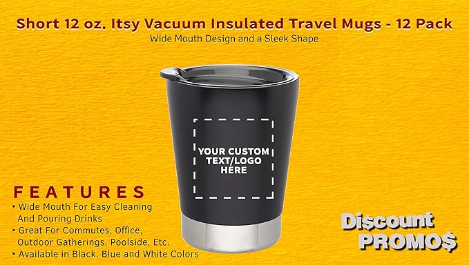 Personalized 12 oz. Itsy Vacuum Insulated Travel Mugs - 12 Pack - Custom Text, Logo - Black