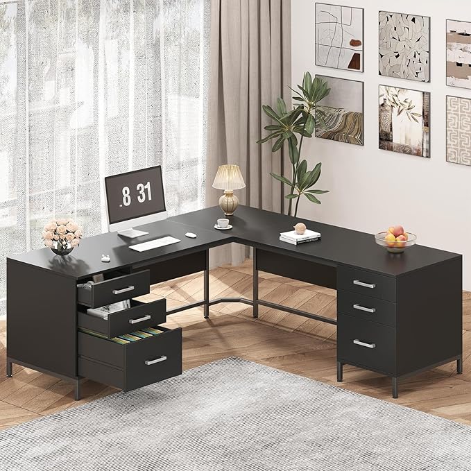 TVU 59’‘ L Shaped Desk with 6 Wood Drawers, Large Home Office Corner Computer Desk with Storage File Cabinet, Modern Metal Wood Desk for Executive Writing Study Workstation, Black