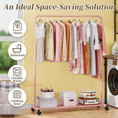 Simple Trending Standard Clothes Clothing Garment Rack with Storage Shelves, Rolling Clothes Organizer on Wheels for Hanging Clothes, Pink