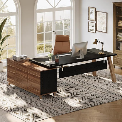 Tribesigns 78.7" L-Shaped Executive Desk, Modern Office Desk with File Drawers & Storage Shelves, Large Computer Desk with 55-Inch Cabinet, Business Workstation for Home Office, Black & Walnut