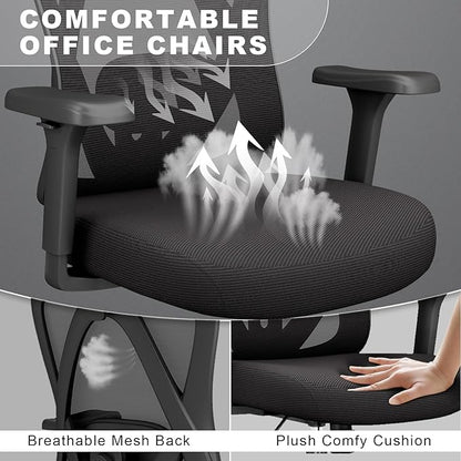 Ergonomic Office Chair with Adjustable Lumbar Support, High Back Mesh Computer Desk Chairs with 3D Headrest and Armrest, 360° Swivel Wheels and Rocking Function, for Home, Office, Black
