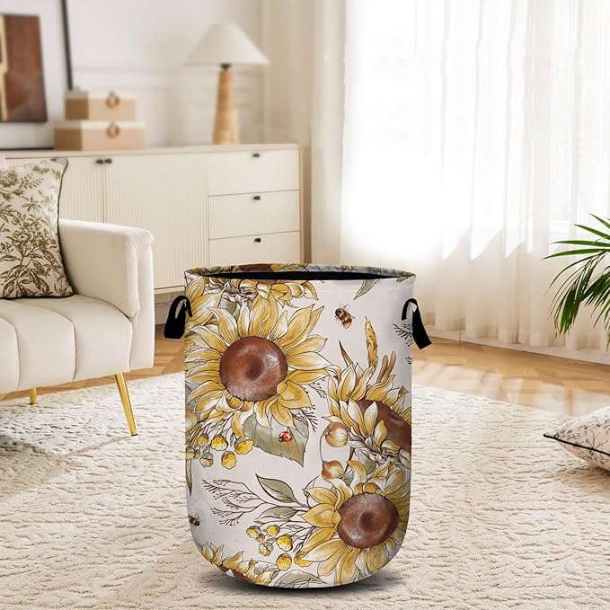 Fall Sunflowers Laundry Basket, Ladybird Honeybee Laundry Hamper Collapsible Oxford Cloth with Handle Clothes Toy Storage Bin for Bathroom Laundry Room Bedroom 15.7 X 20 Inch