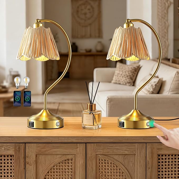 Set of 2 Boho Rattan Small Touch Table Lamps with USB C+A Ports | Bedroom Farmhouse Lamp and Retro Rattan Shade for Living Room Entryway Office, LED Bulbs Included