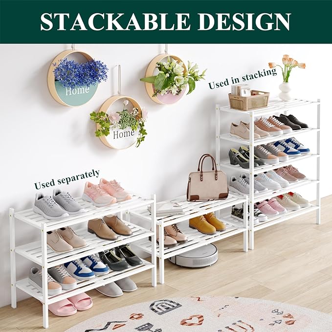 Smiry Bamboo Shoe Rack 6-Tier, Stackable Wooden Shoe Organizer for Entryway & Closet, Free Standing Wood Shoe Storage Shelf for Front Door & Small Spaces, White