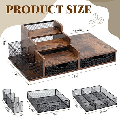Potchen Wood Coffee Station Organizer Coffee Bar Organizer with 3 Tier Sliding Pods Storage Drawer Compatible with K Cup Storage Holder for Countertop Bar Accessories