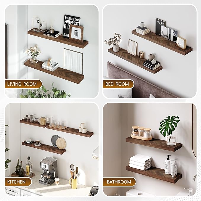 Howizz 24" Acacia Chevron Floating Shelves Set of 2 - Wall Mounted Wooden Shelf for Stylish Home Décor - Walnut Color - 24x6.7x1.5 Inches