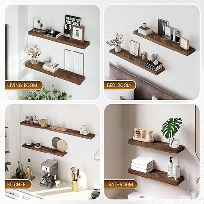 Howizz 24" Acacia Chevron Floating Shelves Set of 2 - Wall Mounted Wooden Shelf for Stylish Home Décor - Walnut Color - 24x6.7x1.5 Inches