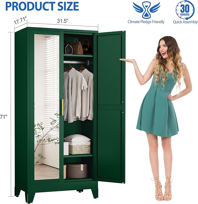 Metal Wardrobe Cabinet with Mirror and Hanging Rod, 71" Metal Clothing Storage Cabinets with 2 Doors and Adjustable Shelves, Green Armoire Wardrobe Closet for Bedroom, Laundry Room, Cloak Room