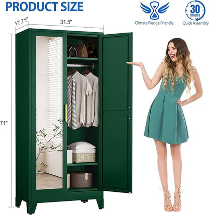 Metal Wardrobe Cabinet with Mirror and Hanging Rod, 71" Metal Clothing Storage Cabinets with 2 Doors and Adjustable Shelves, Green Armoire Wardrobe Closet for Bedroom, Laundry Room, Cloak Room