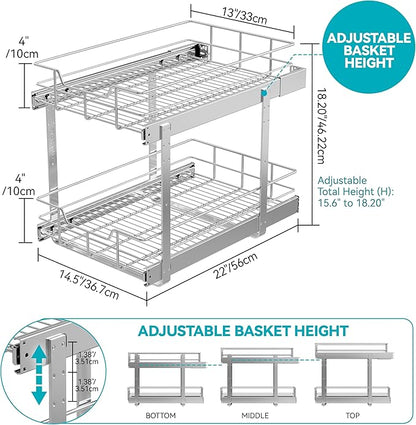 2 Tier Pull Out Cabinet Organizer 14" W X 22" D, Slide Out Drawers For Kitchen Cabinets, Pull Out Drawers For Cabinets Capacity Heavy Duty Caddy, Cabinet Pullout Shelves Chrome-Plated,Bathroom Pantry