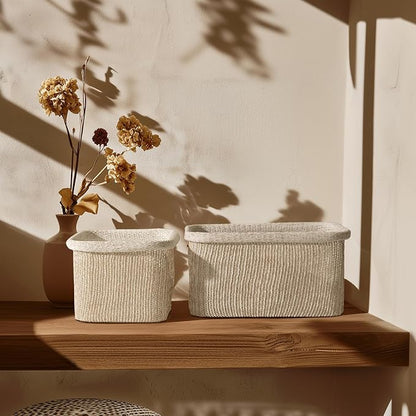 La Jolie Maison Blended Fabric Storage Baskets Set of 2, Rectangle Knitted Baskets for Organizing, Boho Decorative Baskets, Durable Finish, Oatmeal