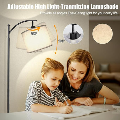 2025 LED Floor Lamps for Living Room, 12W 1200LM Modern Arc Floor Lamp with Remote & Adjustable Linen Lampshade, 12 Color Temperature Stepless Dimmable Tall Standing Lamp for Bedroom Office Reading