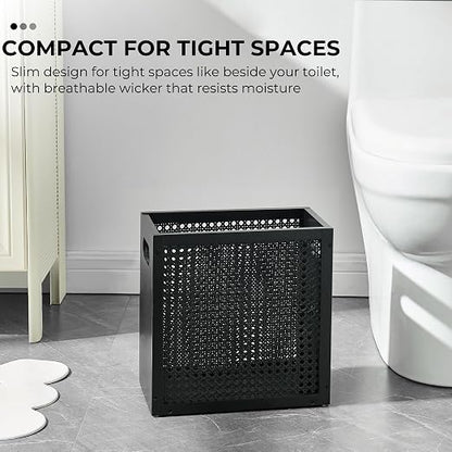 TIOPGHAD Small-Wicker-Waste-Basket-Trash-Can 3 Gallon/11.6 L Bamboo Mini Rattan Wastebasket Garbage Can Trashcan Wood Trash bin for Bathroom Office Living Room(Black)