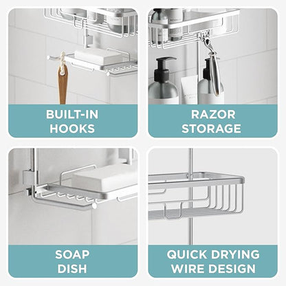 Zenna Home Rustproof Hanging Shower Caddy, Over the Shower Head Caddy with 2 Shelves and Built In Hooks, Aluminum Bathroom Hanging Organizer, Satin Chrome