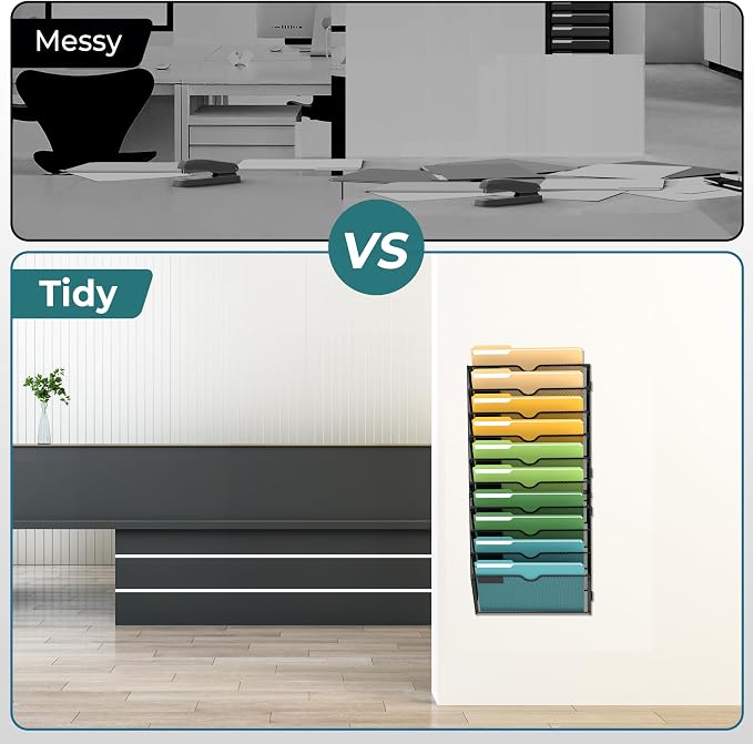 SUPEASY 10 Tier Wall File Organizer, Hanging Wall Mounted Mail Organizer with Label Slots, Metal Mesh File Holder Magazine Rack for Office, Home, School or Classroom, Black