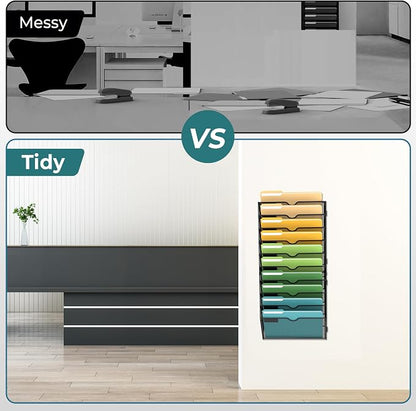 SUPEASY 10 Tier Wall File Organizer, Hanging Wall Mounted Mail Organizer with Label Slots, Metal Mesh File Holder Magazine Rack for Office, Home, School or Classroom, Black