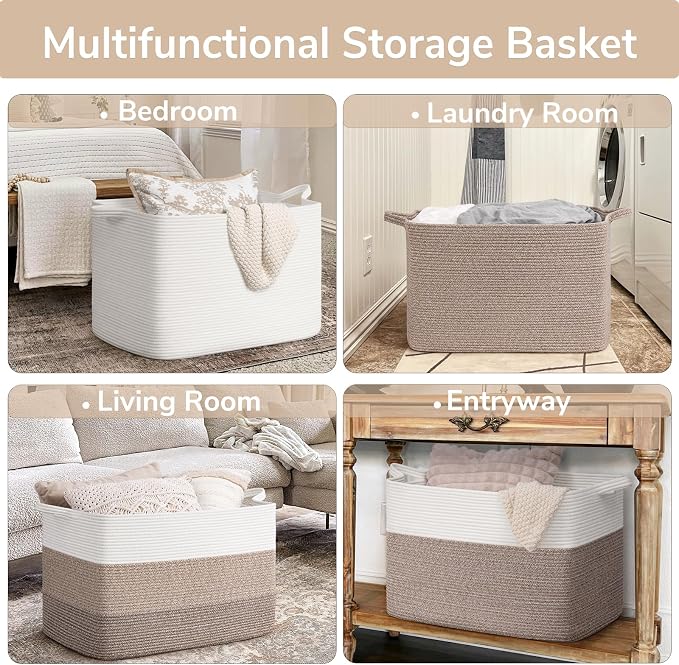 Goodpick 105L Extra Large Blanket Basket 25" x 16" x 16" Cotton Rope Storage Baskets for Organizing, Baby Laundry Basket with Handles, Rectangle Woven Baskets for Storage, Brown