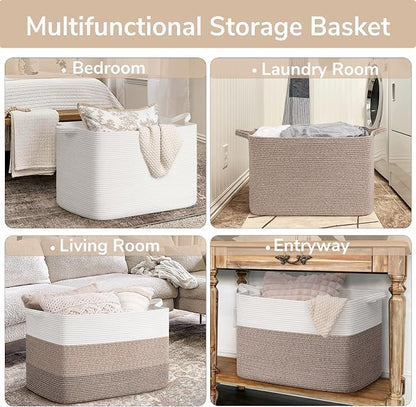 Goodpick 105L Extra Large Blanket Basket 25" x 16" x 16" Cotton Rope Storage Baskets for Organizing, Baby Laundry Basket with Handles, Rectangle Woven Baskets for Storage, Brown