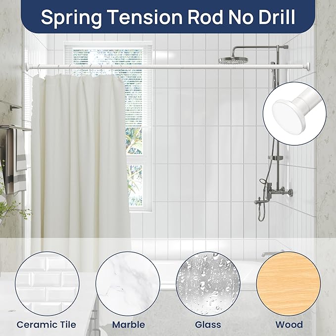 ENJOYBASICS Shower Curtain Rod 30 to 76 Inches, Stainless Steel Adjustable Spring Tension Rods No Drill for Bathroom, Closet, Window, Room Divider, Never Rust, Non Slip, White