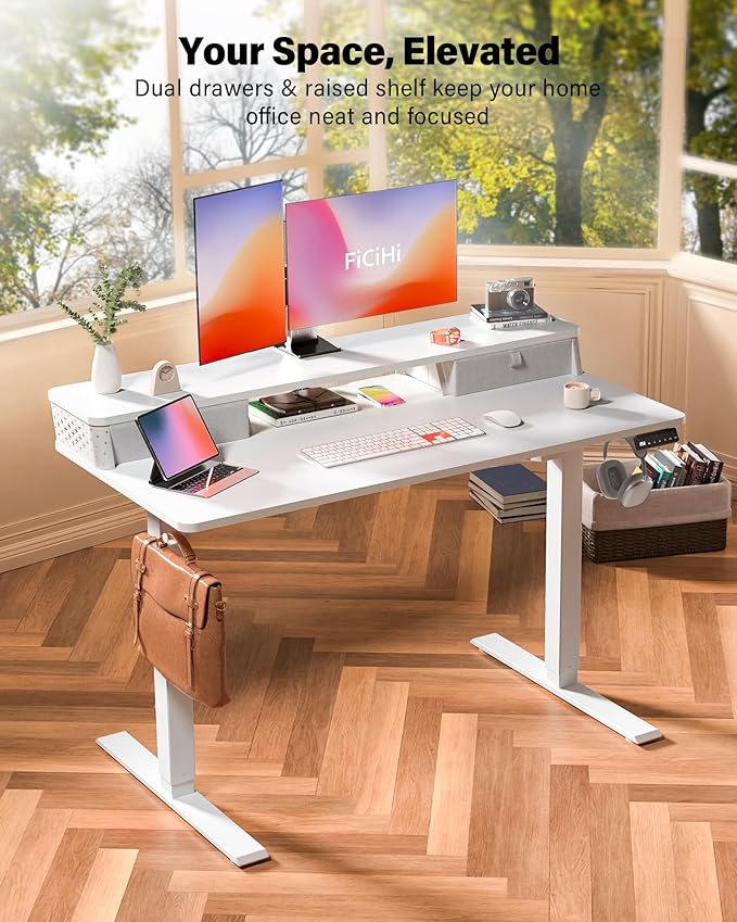 FiCiHi Standing Desk with Drawers, C-Clamp Mount Compatible, 48x24 Inch Electric Adjustable Height Computer Stand Up Desks, Home Office Sit Stand Table with 3 Preset Heights & 2 Hooks, White