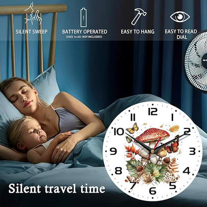 Wall Clock, 10 Inch Silent Non-Ticking Home Kitchen Decor, Battery Operated for Bathroom Bedroom Living Room Office(Mushroom Butterfly)