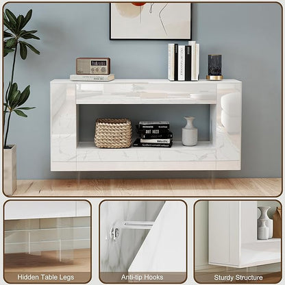 47" High Gloss Console Table with Hidden Side Storage Cabinets, Adjustable Shelves, Modern Entryway Sofa Table for Behind The Couch, Living Room, Hallway, White