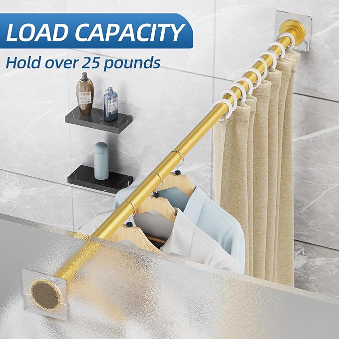 CorkLatta Gold Shower Curtain Rod,1 Inch Diameter Stainless Steel Adjustable Spring Tension Rods 32 to 92",with Holders,Anti-Slip,Curtain Rods No Drilling(1 Pack)