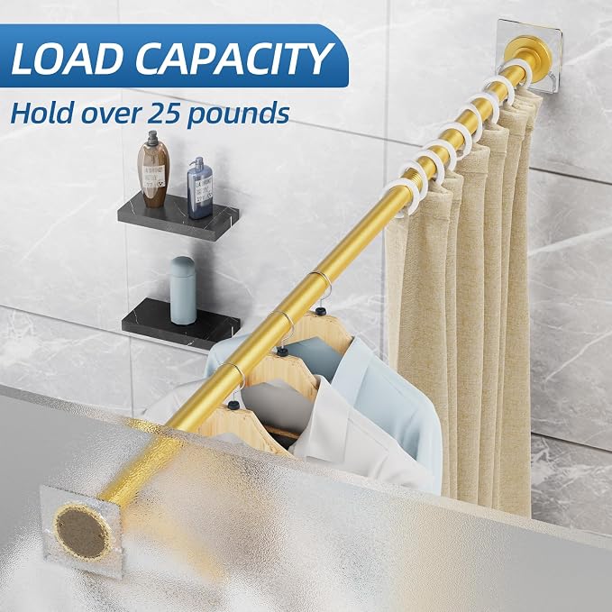 CorkLatta Gold Shower Curtain Rod,1 Inch Diameter Stainless Steel Adjustable Spring Tension Rods 32 to 68",with Holders,Anti-Slip,Curtain Rods No Drilling(1 Pack)