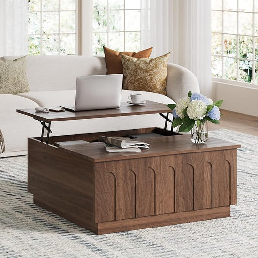 FORTUNETEC Lift Top Coffee Table with Storage, Modern Coffee Table with Arched Design, 31.5" Square Tea Table with Wood Grain, Minimalist Multifunctional Center Table for Living Room, Office, Walnut