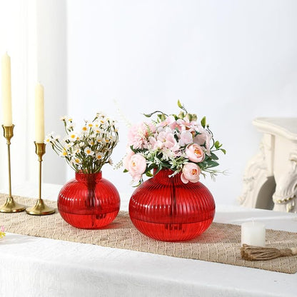 Red Glass Vases for Tulips, Set of 2, Flower Vases for Bouquet, Ribbed Glass Vase for Flowers, Short Vase for Living Room, Office, Coffee Table, Shelf, Wedding