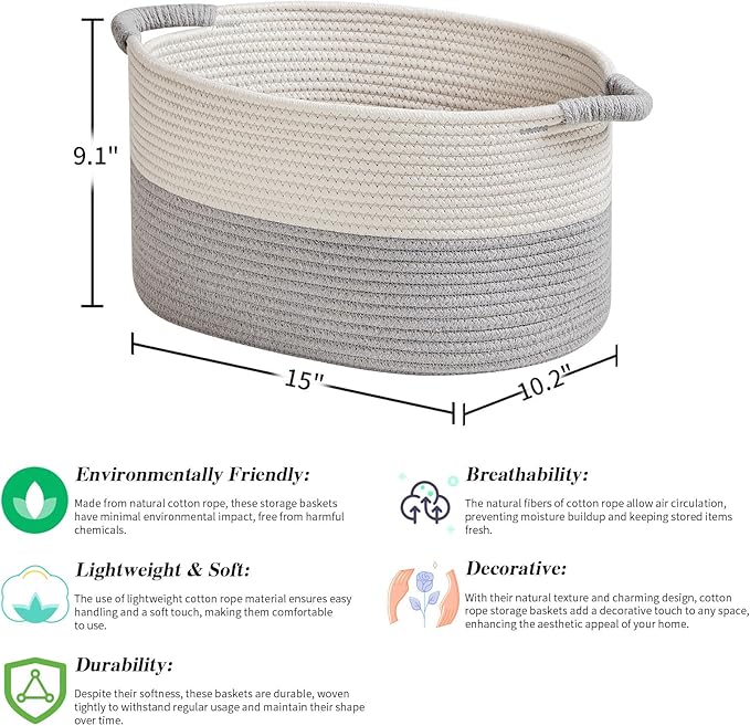 R RUNKA Storage Baskets for Organizing | 15"x10.2"x9.1" - 1 Pack Nursery Bin with Handles - Woven Cotton Rope Baskets for Dog Toys, Books, Shelf, Bathroom,Closet -Stylish Storage |White & Grey
