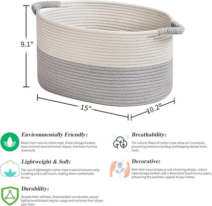 R RUNKA Storage Baskets for Organizing | 15"x10.2"x9.1" - 1 Pack Nursery Bin with Handles - Woven Cotton Rope Baskets for Dog Toys, Books, Shelf, Bathroom,Closet -Stylish Storage |White & Grey