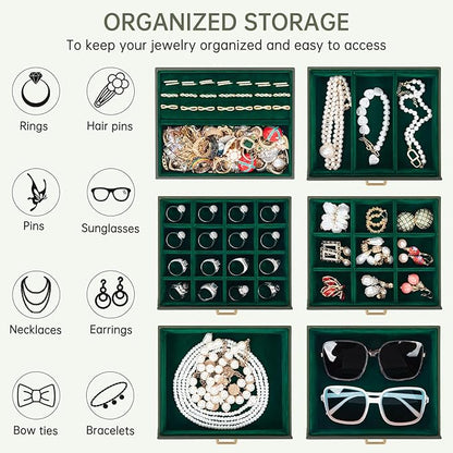 AKOZLIN 6-Tier Jewelry Box Organizer Functional 5 Drawers Leather Jewelry Storage Case for Women Girls Ring Necklace Earring Bracelet Holder Organizer with Mirror Dark Green