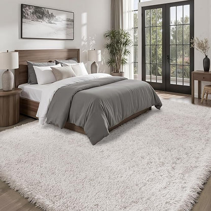 Area Rug for Living Room Bedroom: 9x12 White Soft Fluffy Shag Upgrade Non-Slip High Pile Carpet Large Fuzzy Plush Indoor Floor Decor Shaggy Rug for Kid Boys Girls Dorms Playroom Nursery Modern Home