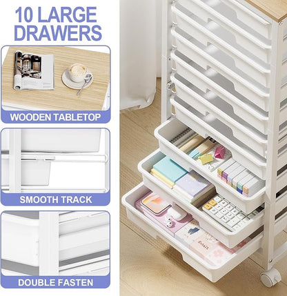 SYKIARIOL Rolling Cart with Drawers,10 Drawer Rolling Cart,Storage Cart with Wheels,Utility Cart with Drawers,Teacher Cart for Classroom Storage,Craft Cart with Wheels and Wooden Tabletop,White