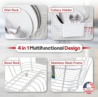 Better Houseware Dish Drying Rack, Space-Saving Dish Drainer Rack for Kitchen Counter, Kitchen Dish Strainer 2-Piece Set with Utensil Holder, White