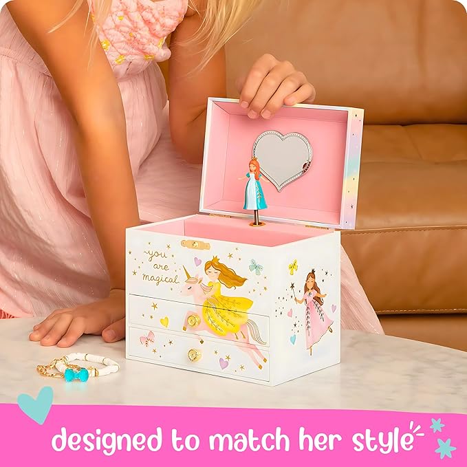 Musical Princess Jewelry Box for Girls - Kids Music Box with Spinning Princess, Princess Birthday Gifts for Little Girls, Jewelry Boxes, 6.8 x 5.3 x 6 in - Ages 3-10