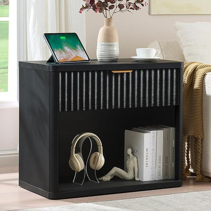 LEYAOYAO 31" Wide Fluted Nightstand Set of 2 with Charging Station, Oversized Extra Large 1 Drawer Night Stand with Golden Handle, Black Wood Bedside Table Tall End Tables,for Bedroom, Living Room