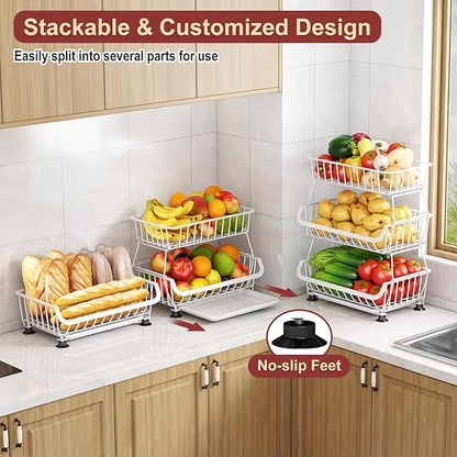 3-Tier Rolling Pantry Cart with Wheels, Stackable Wire Storage Floor Organizer for Kitchen Pantry Snack Shelves, Fruit Basket Stand, Vegetable Storage Rack for Food Snacks Onion Potato, White