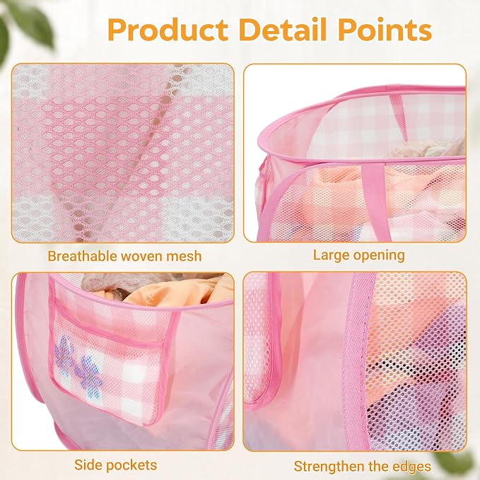 Sturdy Collapsible Laundry Baskets - Pop Up Laundry Hampers with Handy Pocket, Foldable Clothes Hamper with Reinforced Carry Handles for Bathroom, Kids Room, Dorm or Travel - Check Print, Pink