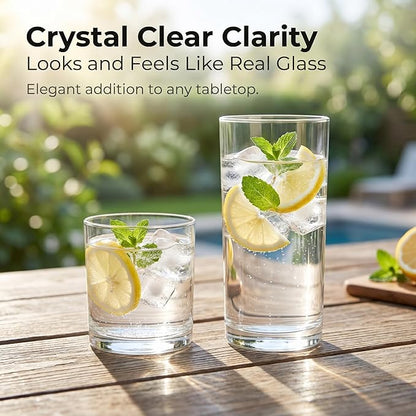 Plastic Drinking Glasses Set of 8, 14oz Rocks & 20oz Water Cups, Unbreakable Plastic Glasses Drinkware, Clear Kitchen Tumblers for Home & Outdoors, Reusable , BPA-Free, Top-Rack Dishwasher Safe