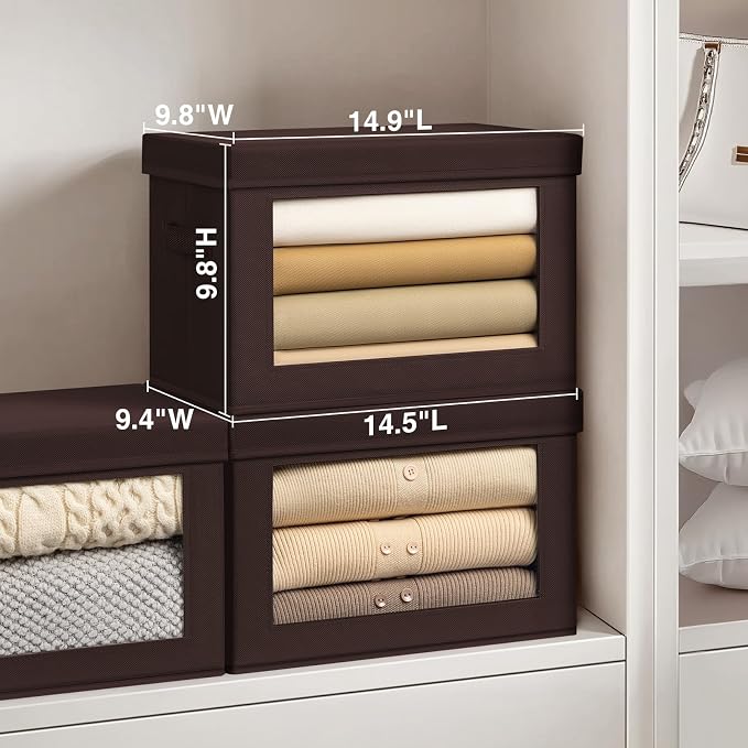 Homsorout Stackable Storage Bins with Lids - Medium Storage Box with Lids, Foldable Closet Boxes for Organizing, Wardrobe Clothes Organizer with Window, Cubes Bins for Living Room, 5 Pack, Brown
