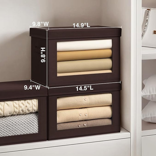 Homsorout Collapsible Storage Bins with Clear Window - Clothes Organizers and Storage, Decorative Boxes with Lid, Fabric Storage Cube, Storage Baskets for shelves, Yarn, Home, Brown, 4-Pack